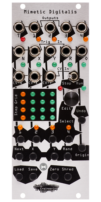 Mimetic Digitalis 4-channel performance sequencer with silver panel. MD also has trigger out, Cartesian, random and reset inputs and performance controls. | Noise Engineering