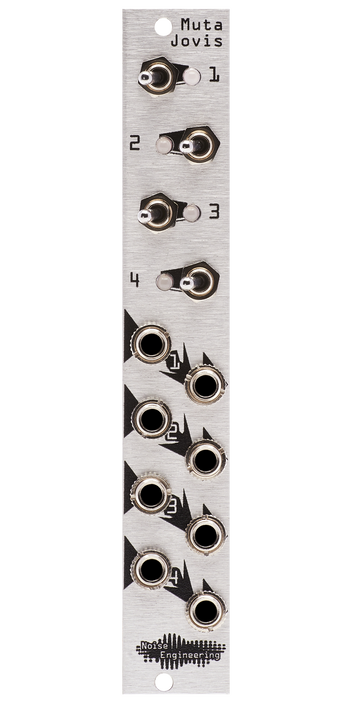 Muta Jovis quad mute silver Eurorack module with stylized industrial art connecting four switches and LEDs at top and jacks at the bottom. | Noise Engineering