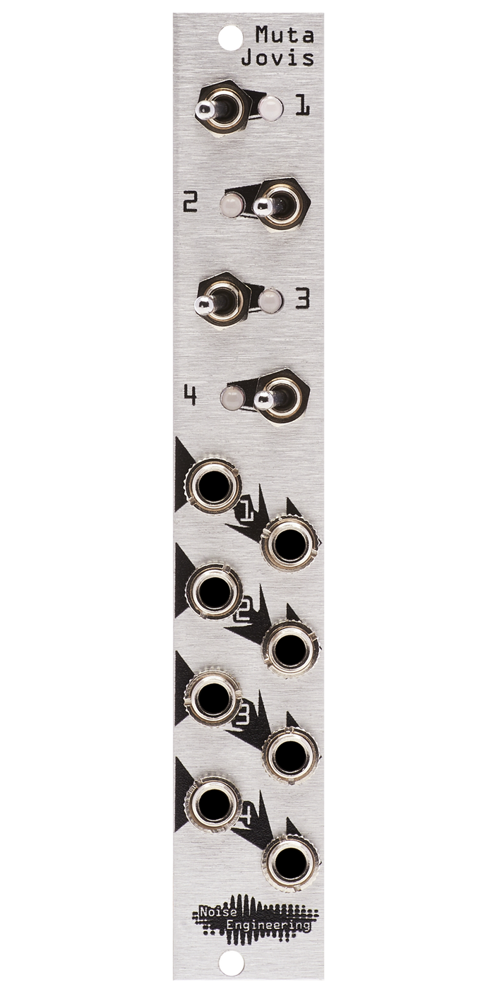 Muta Jovis quad mute silver Eurorack module with stylized industrial art connecting four switches and LEDs at top and jacks at the bottom. | Noise Engineering