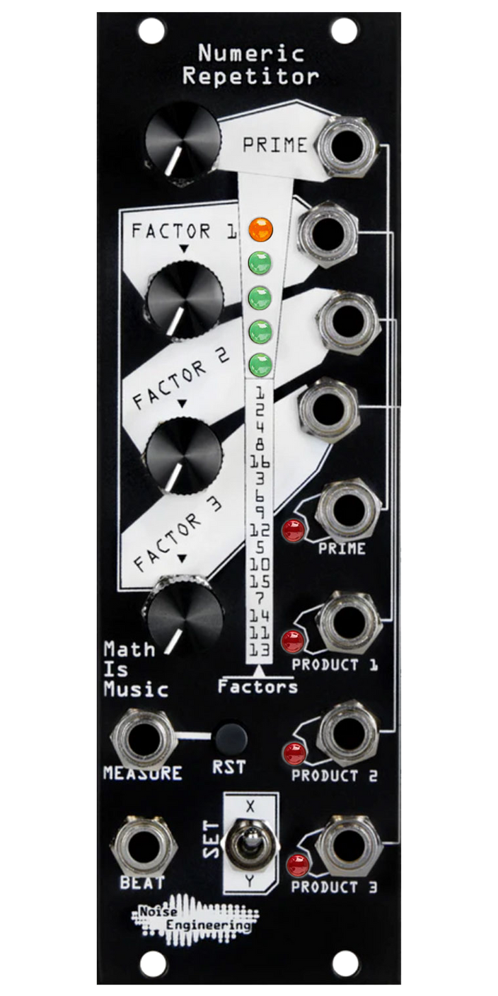 Numeric Repetitor black Eurorack module with stylized industrial art connecting four knobs and a LEDs at top with buttons, a switch, and jacks at the bottom and right side. | Noise Engineering