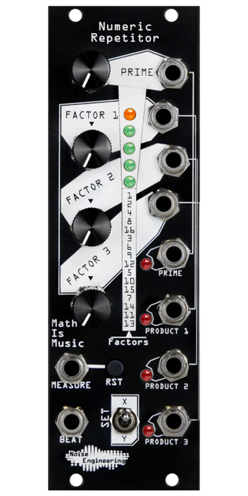 Numeric Repetitor black Eurorack module with stylized industrial art connecting four knobs and a LEDs at top with buttons, a switch, and jacks at the bottom and right side. | Noise Engineering
