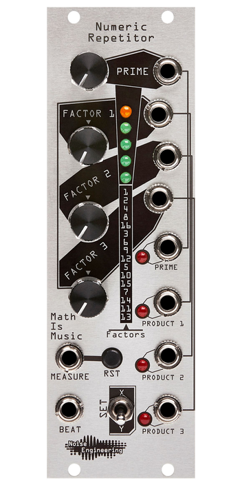 Numeric Repetitor silver Eurorack module with stylized industrial art connecting four knobs and a LEDs at top with buttons, a switch, and jacks at the bottom and right side. | Noise Engineering