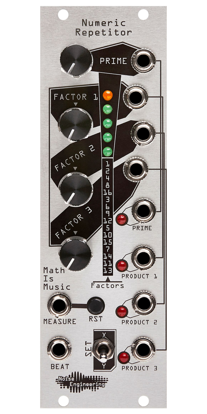 Numeric Repetitor silver Eurorack module with stylized industrial art connecting four knobs and a LEDs at top with buttons, a switch, and jacks at the bottom and right side. | Noise Engineering