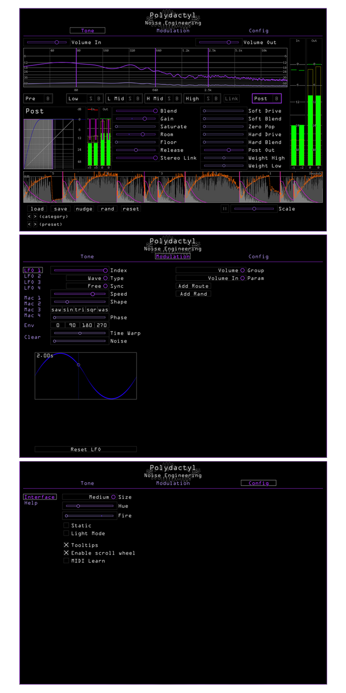 Polydactyl plugin showing each main screen. The Tone page has a lot going on with monitoring and controls. Modulation controls LFOs and Macros. There is also a config page | Noise Engineering