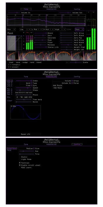 Polydactyl plugin showing each main screen. The Tone page has a lot going on with monitoring and controls. Modulation controls LFOs and Macros. There is also a config page | Noise Engineering