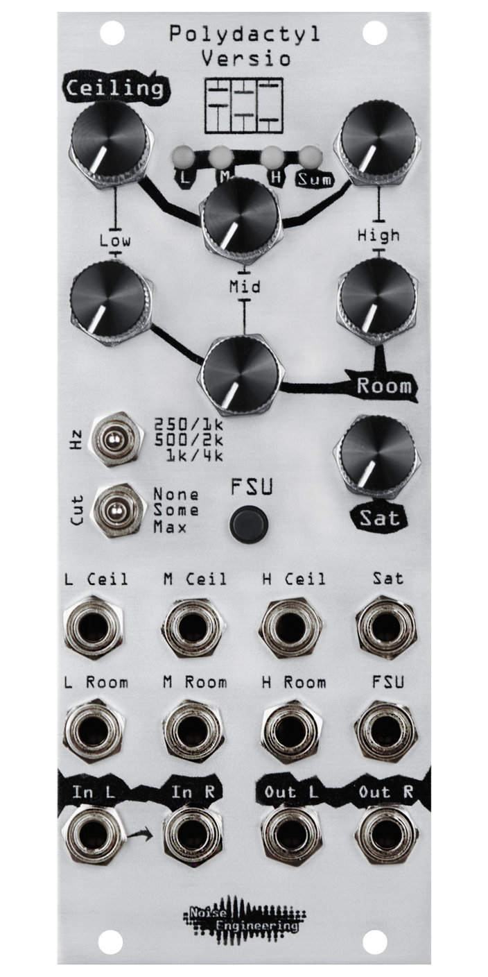 Polydactyl Versio in silver Eurorack compressor module with knobs at top and jacks at bottom. | Noise Engineering