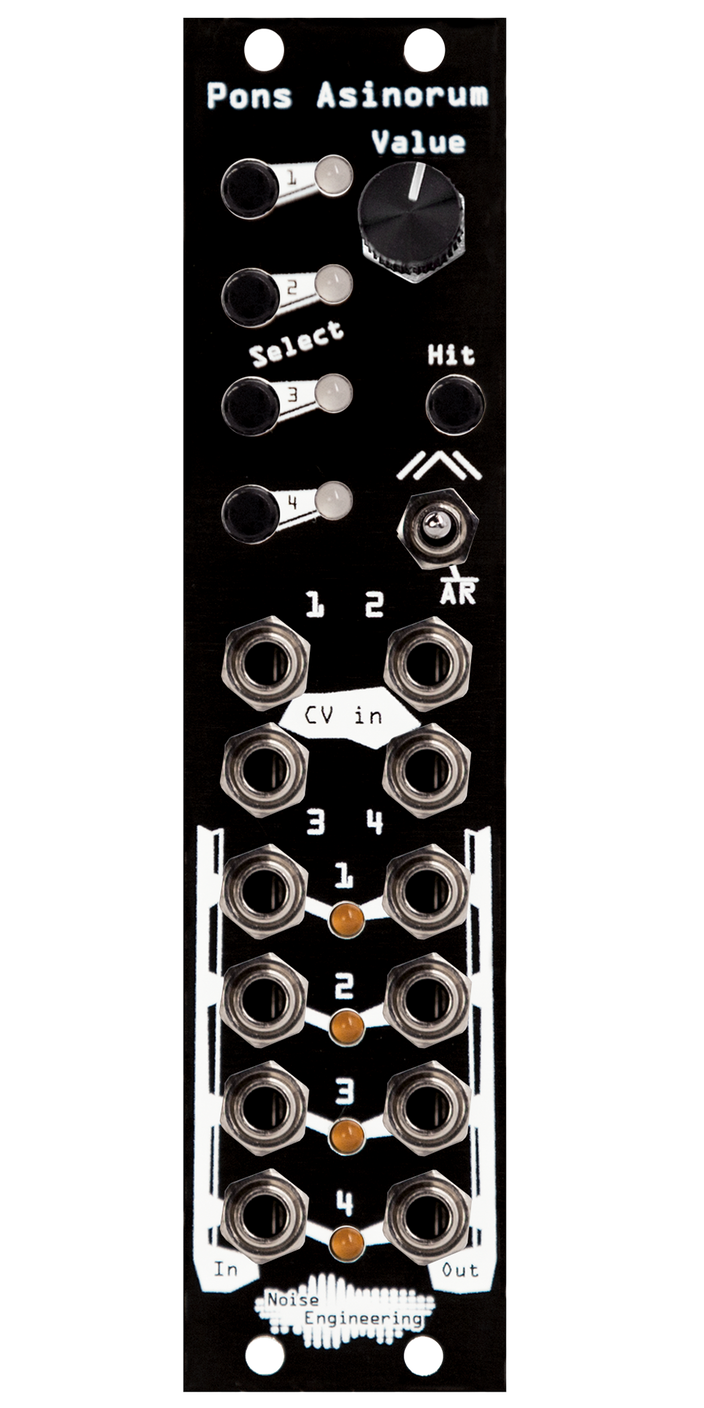 Pons Asinorum Eurorack module in black with buttons and knob at top and jacks at bottom | Noise Engineering