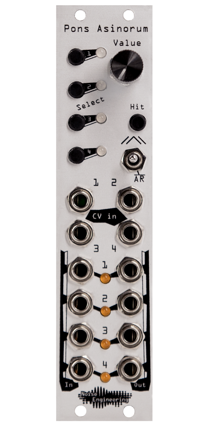 Pons Asinorum Eurorack module in silver with buttons and knob at top and jacks at bottom | Noise Engineering