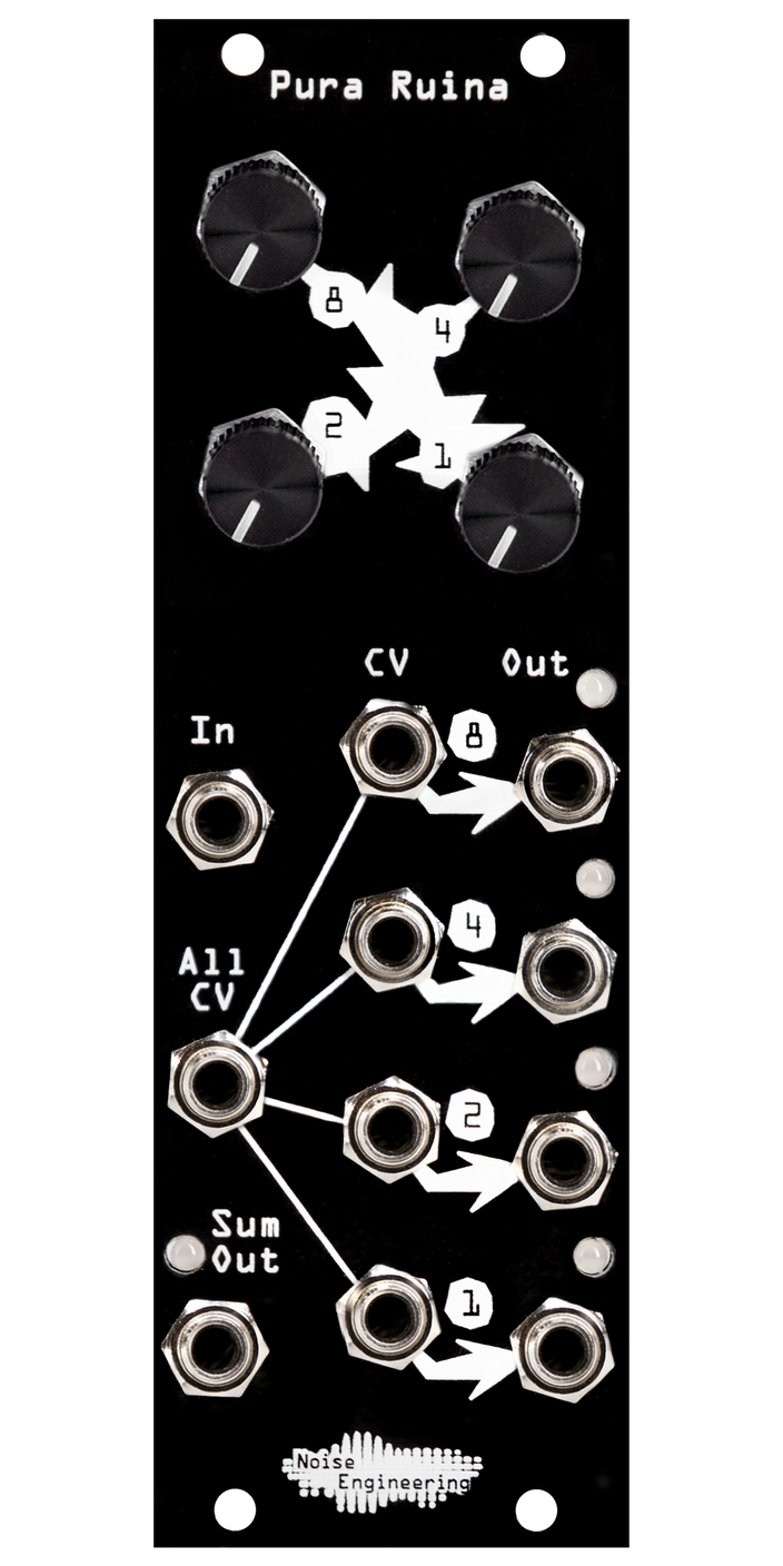 Pura Ruina black distortion and rectification Eurorack module with industrial art connecting four knobs at top with jacks and LEDs at bottom. | Noise Engineering