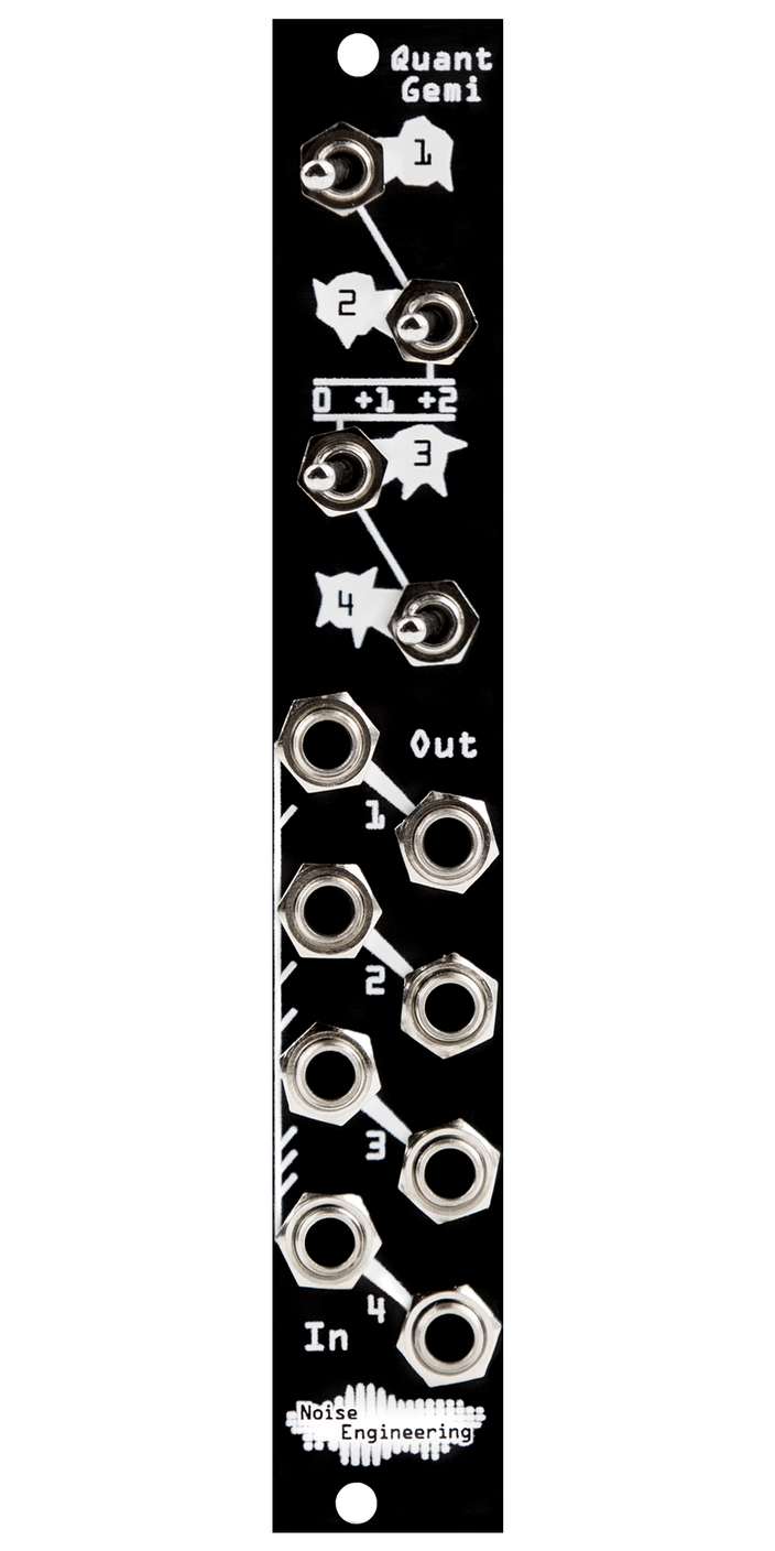 Quant Gemi black Eurorack module with four 3-octave switches on top and jacks on the bottom | Noise Engineering