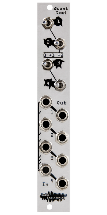 Quant Gemi silver Eurorack module with four 3-octave switches on top and jacks on the bottom | Noise Engineering