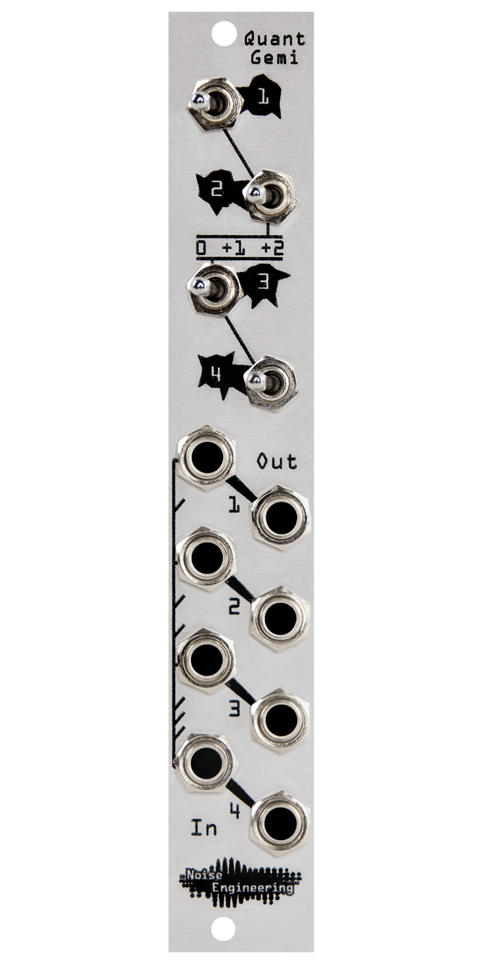 Quant Gemi silver Eurorack module with four 3-octave switches on top and jacks on the bottom | Noise Engineering