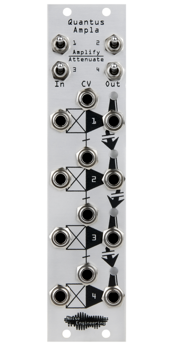Quantus Ampla silver VCA Eurorack module with amplify/attenuate switches at top and jacks on bottom | Noise Engineering