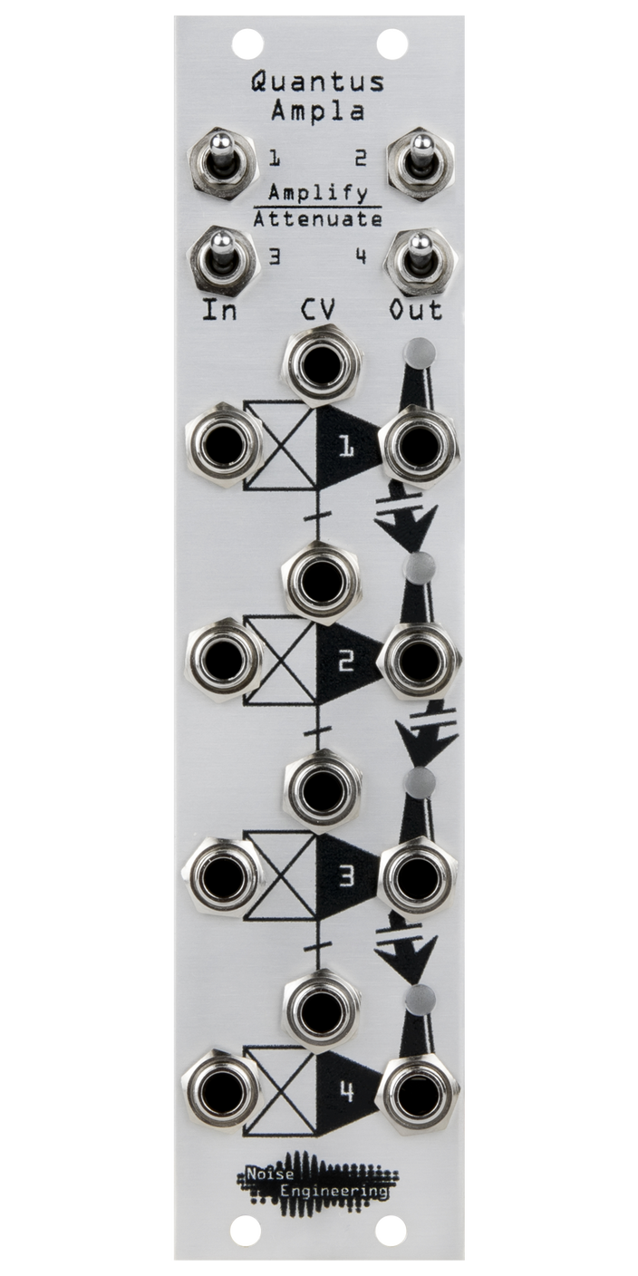 Quantus Ampla silver VCA Eurorack module with amplify/attenuate switches at top and jacks on bottom | Noise Engineering