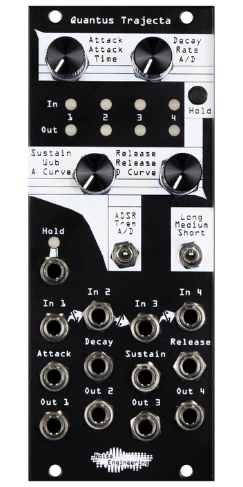 Quantus Trajecta Polyphonic envelopes made simple in 10HP black Eurorack module with knobs and LEDs on top and jacks on bottom plus two switches and a hold button | Noise Engineering