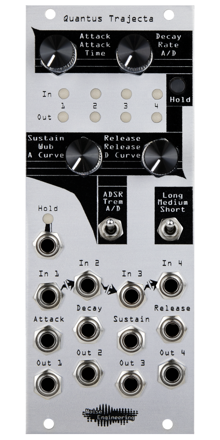 Quantus Trajecta Polyphonic envelopes made simple in 10HP silver Eurorack module with knobs and LEDs on top and jacks on bottom plus two switches and a hold button | Noise Engineering