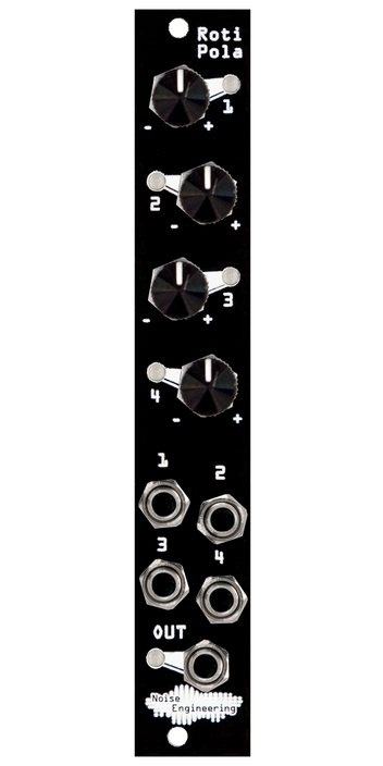 Four-input attenuverting CV mixer with four inputs and pots and one output in black  | Roti Pola by Noise Engineering