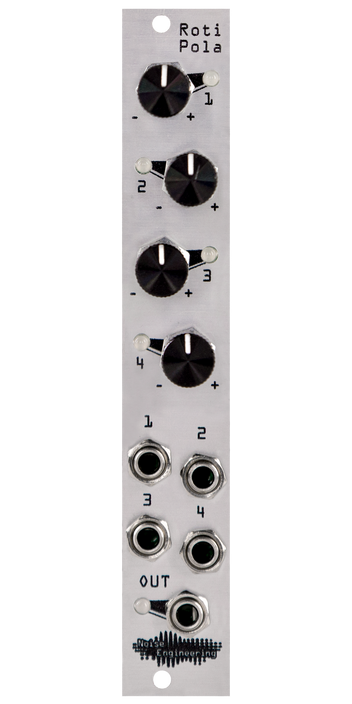 Four-input attenuverting CV mixer with four inputs and pots and one output in silver | Roti Pola by Noise Engineering