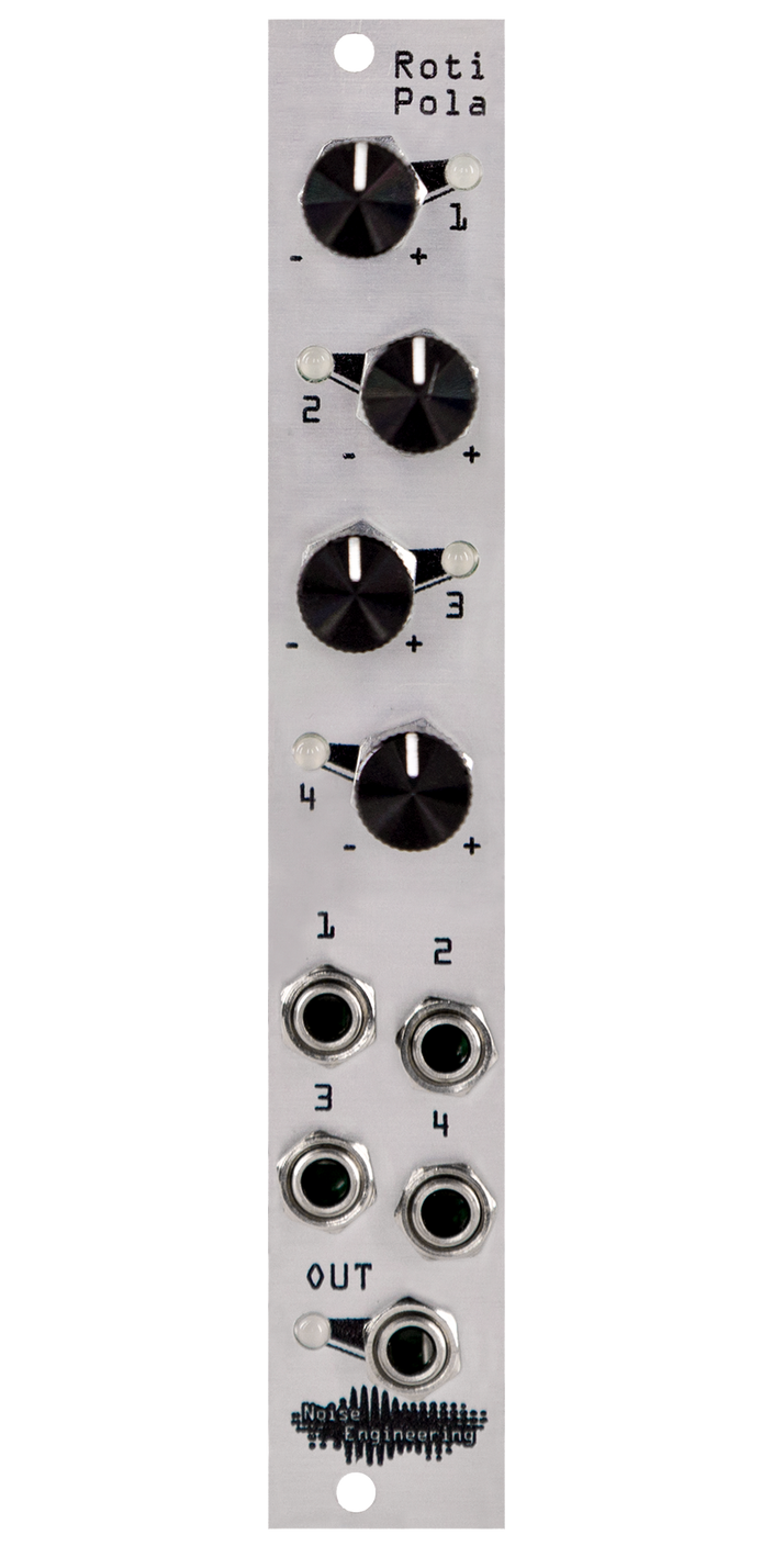 Four-input attenuverting CV mixer with four inputs and pots and one output in silver | Roti Pola by Noise Engineering