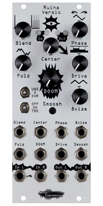 Ruina Versio distortion silver Eurorack module with an ominous eyeball icon, with knobs and switches on the top and jacks on the bottom. | Noise Engineering