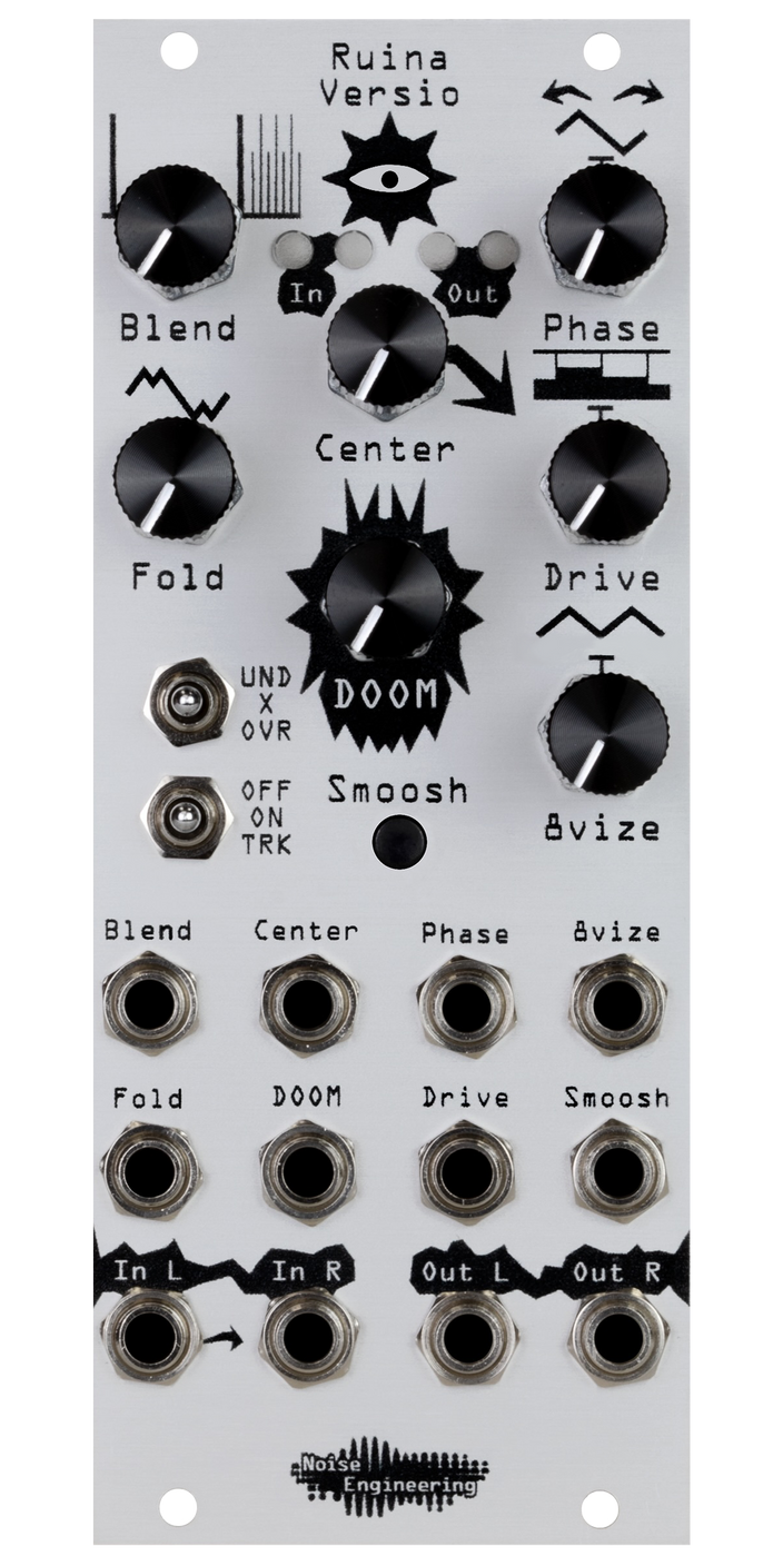 Ruina Versio distortion silver Eurorack module with an ominous eyeball icon, with knobs and switches on the top and jacks on the bottom. | Noise Engineering