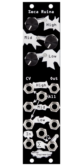 Seca Ruina distortion Eurorack module with industrial art connecting three knobs and LEDs at top with jacks at bottom with black panel | Noise Engineering