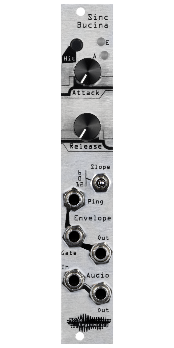 Sinc Bucina resonant lowpass gate silver Eurorack module with industrial art with two knobs, LEDs, and a switch at top and jacks at bottom | Noise Engineering