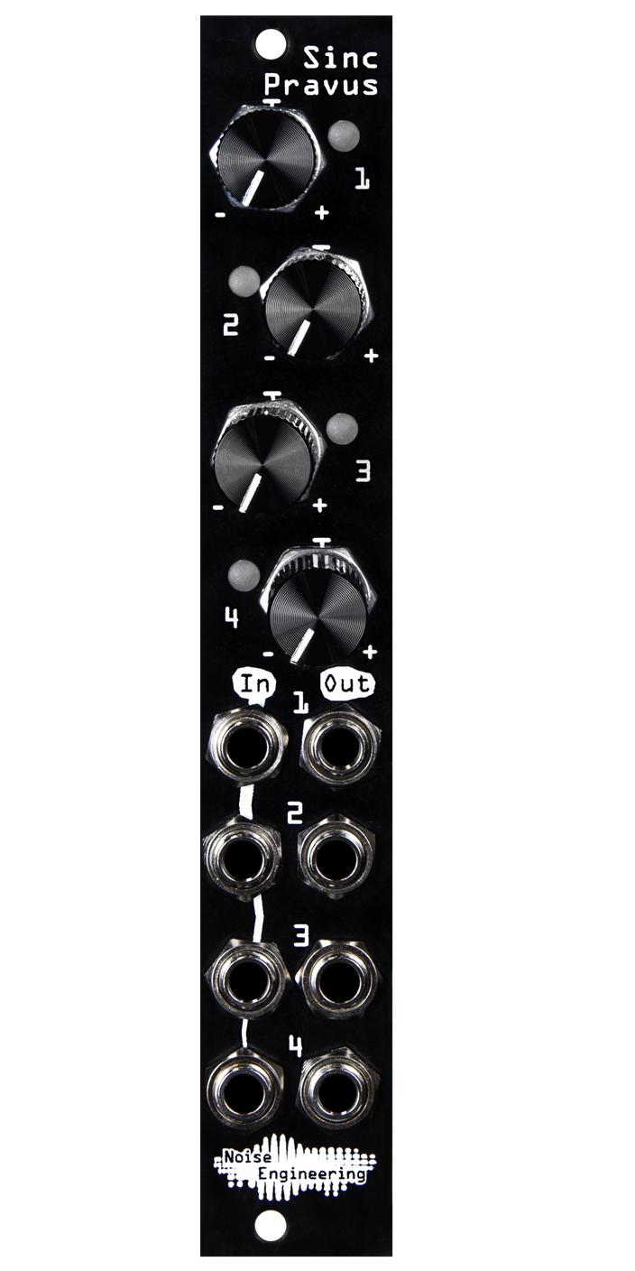 Sinc Pravus 4hp offset and mult in black with knobs and LEDs at top and jacks at bottom | Noise Engineering