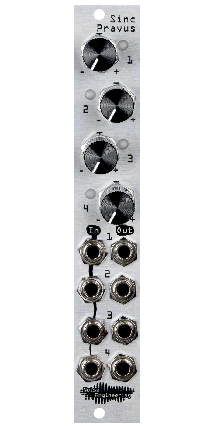 Sinc Pravus 4hp offset and mult in silver with knobs and LEDs at top and jacks at bottom | Noise Engineering