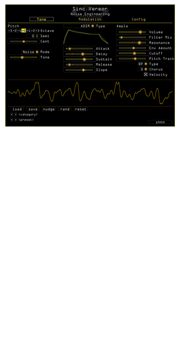 Sinc Vereor synth plugin Tone page in yellow. Configure tonal parameters for the synth here. | Noise Engineering