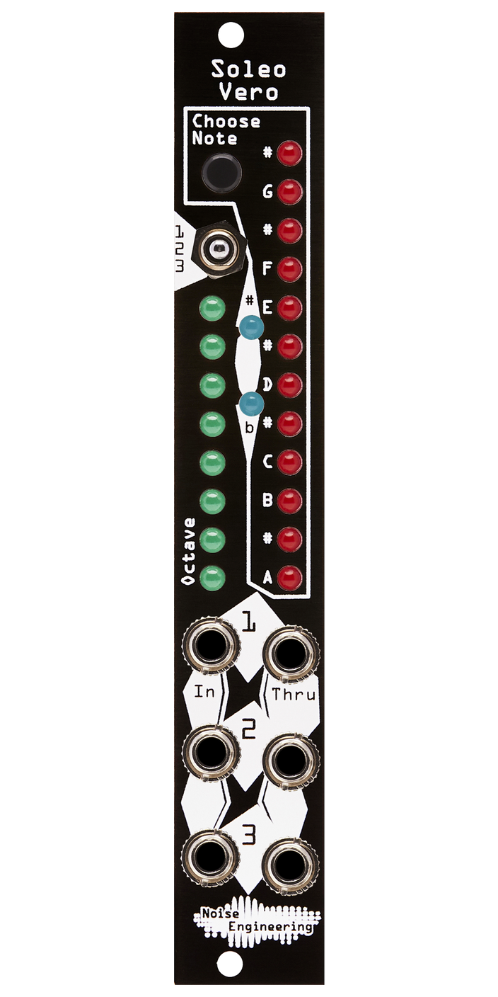 Three-channel Eurorack stroboscopic tuner with patch-through in black | Soleo Vero by Noise Engineering