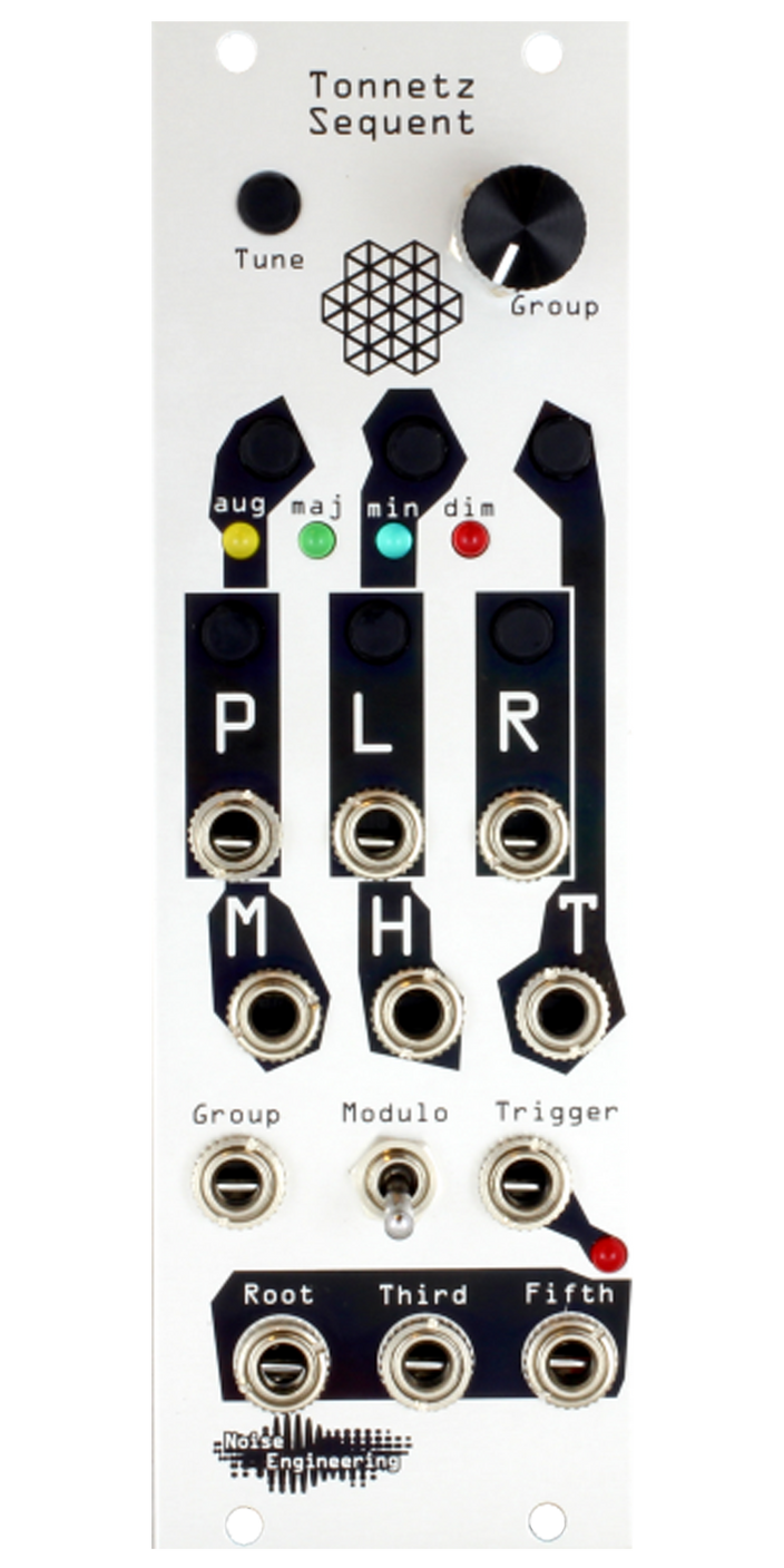 Tonnetz Sequent rhythm-to-triad generator module for Eurorack in silver with buttons, LEDs, and knob at top and jacks on bottom | Noise Engineering