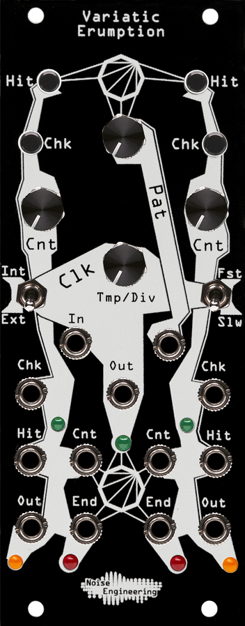 Variatic Erumption dual burst generator Eurorack module with tunable LFO with black panel and momentary buttons, knobs, and switches on top and jacks and LEDs on the bottom |  Noise Engineering