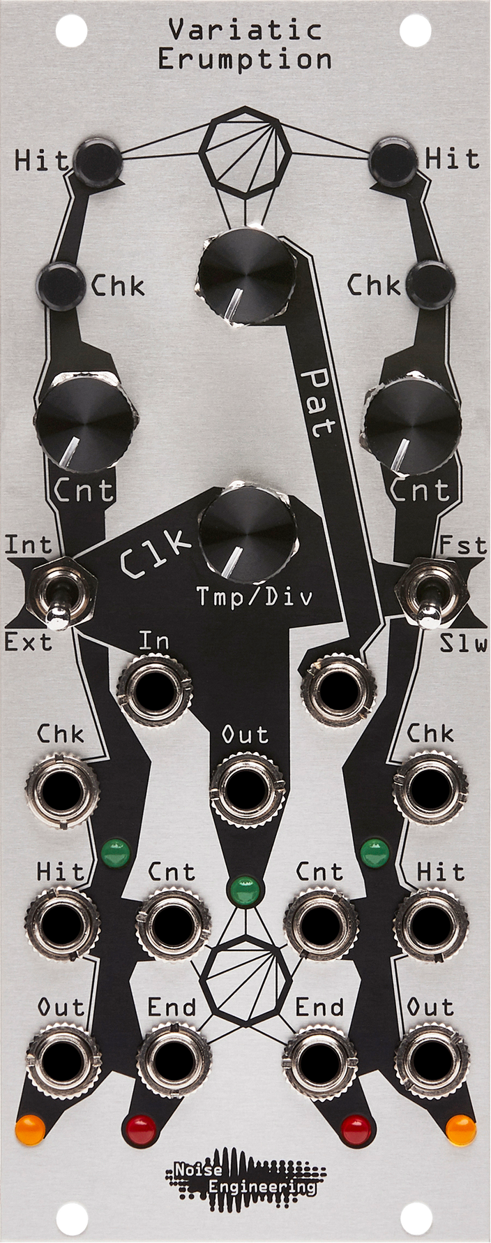 Variatic Erumption dual burst generator Eurorack module with tunable LFO with silver panel and momentary buttons, knobs, and switches on top and jacks and LEDs on the bottom |  Noise Engineering