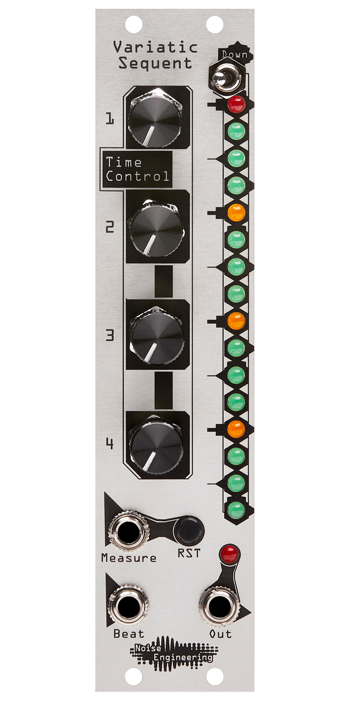 Variatic Sequent a minimal trigger sequencer with flexible expander for Eurorack with knobs and a column of LEDs on top and jacks on bottom with silver panel | Noise Engineering