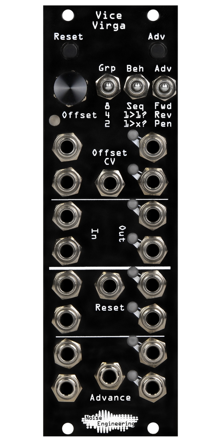 Vice Virga sequential switch Eurorack module with momentary, knob and behavior switches on top and jacks and LEDs on bottom with black panel | Noise Engineering