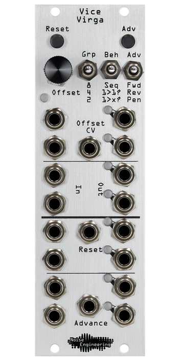 Vice Virga sequential switch Eurorack module with momentary, knob and behavior switches on top and jacks and LEDs on bottom with silver panel | Noise Engineering