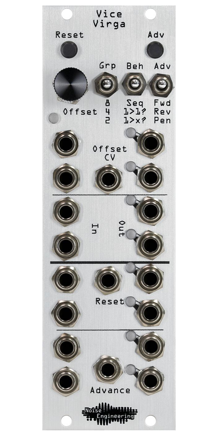 Vice Virga sequential switch Eurorack module with momentary, knob and behavior switches on top and jacks and LEDs on bottom with silver panel | Noise Engineering