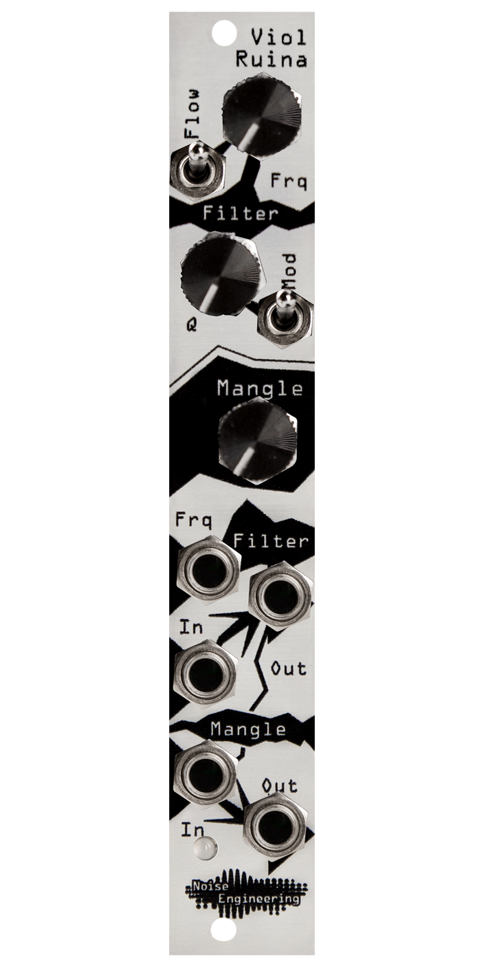 Eurorack analog 24dB resonant lowpass filter and distortion with internal modulation and envelope following in silver | Viol Ruina by Noise Engineering