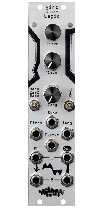 Virt Iter Legio 6 hp Eurorack oscillator and DSP platform in silver with knobs, LEDs, and switches on top and jacks on bottom | Noise Engineering