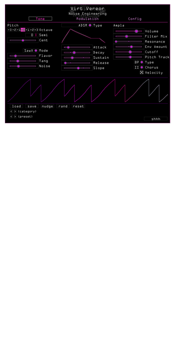 Virt Vereor Tone page in Purple. Configure tonal parameters for the synth here. | Noise Engineering