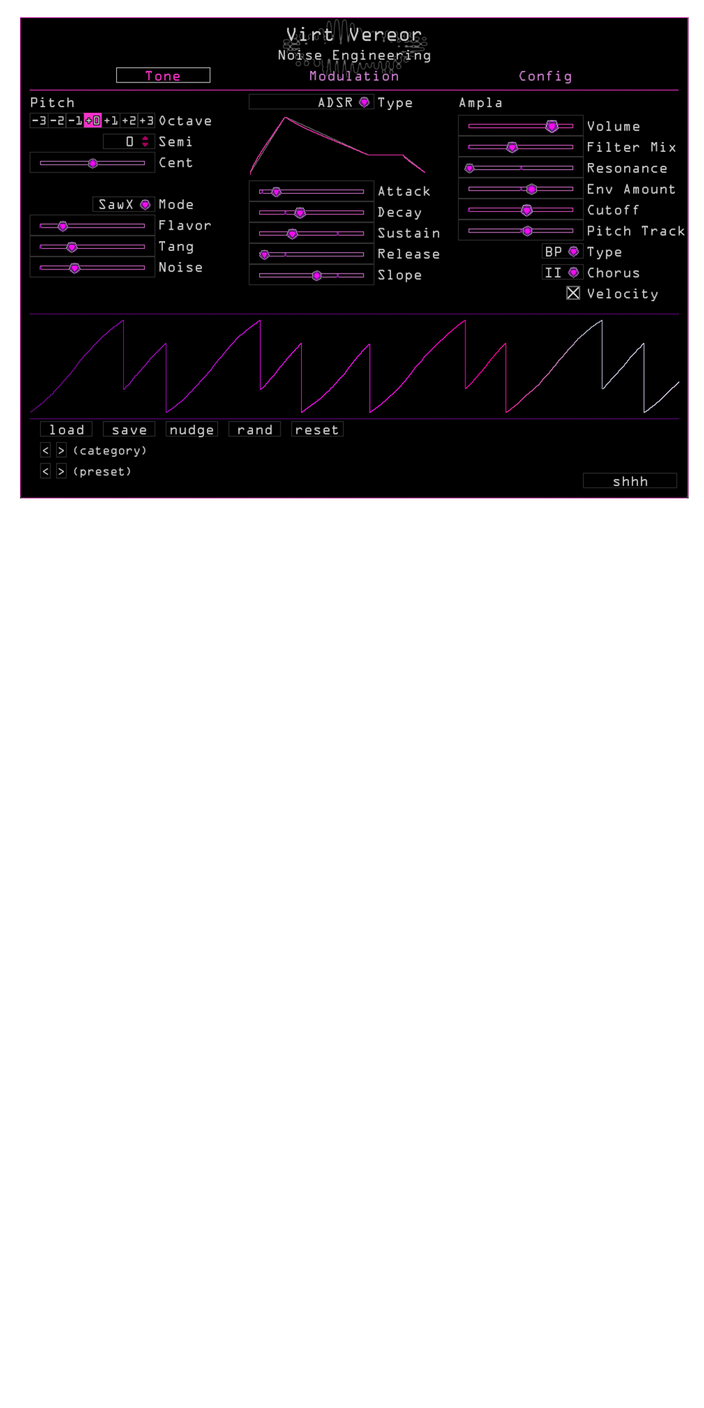 Virt Vereor Tone page in Purple. Configure tonal parameters for the synth here. | Noise Engineering