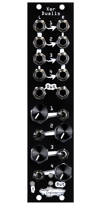 Xer Dualis 4-channel mixer with mutes and clip LED in 6 HP in black. Switches and knobs are on the bottom with jacks on top | Noise Engineering