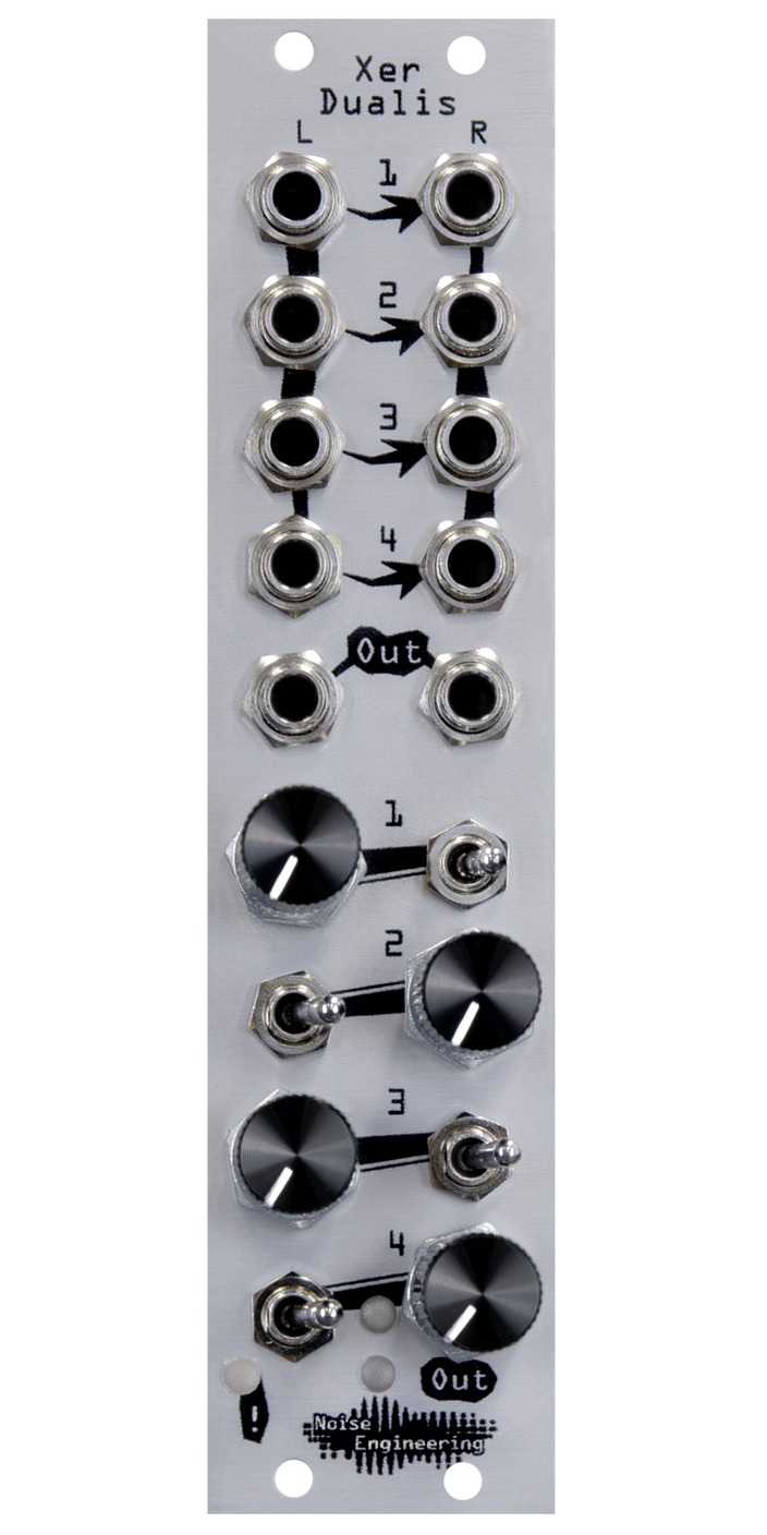 Xer Dualis 4-channel mixer with mutes and clip LED in 6 HP in silver. Switches and knobs are on the bottom with jacks on top | Noise Engineering