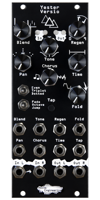 Yester Versio, a stereo 3-tap simple delay in black. Includes tap tempo, chorus control, and wave folding controls. | Noise Engineering