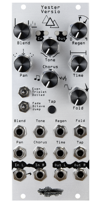 Yester Versio, a stereo 3-tap simple delay in silver. Includes tap tempo, chorus control, and wave folding controls. | Noise Engineering