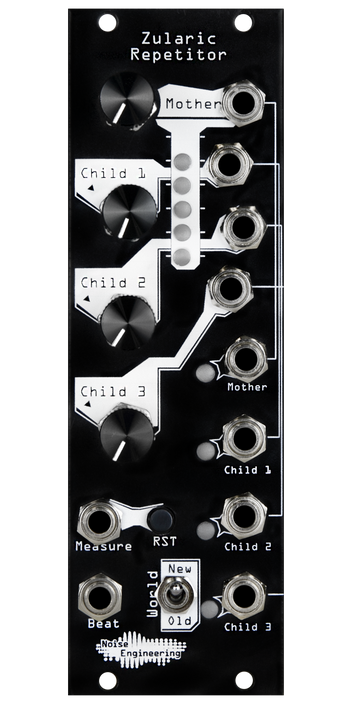 Zularic Repetitor black Eurorack rhythm generator module with stylized art, with four knobs and LEDs at top connecting to buttons, a switch, and jacks a the bottom and right side. | Noise Engineering