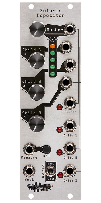 Zularic Repetitor silver Eurorack rhythm generator module with stylized art, with four knobs and LEDs at top connecting to buttons, a switch, and jacks a the bottom and right side. | Noise Engineering