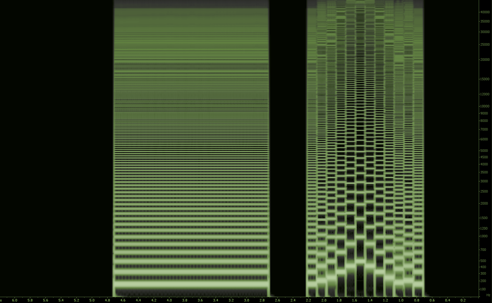 A visual rendering of a saw wave. Saw waves contain many more harmonics than sines and are much brighter as well.