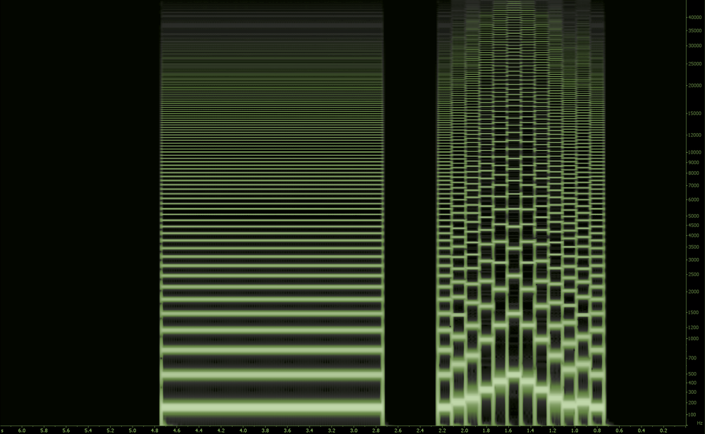 A visual rendering of a saw wave. Saw waves contain many more harmonics than sines and are much brighter as well.